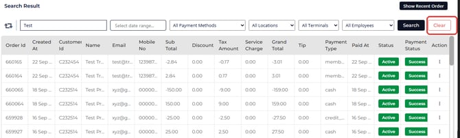 Sales search results with the Clear button marked