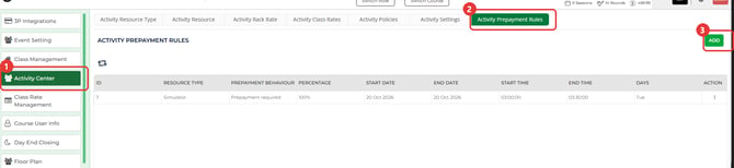 Activity Prepayment Rules list with the Activity Center menu item, the tab and the ADD button marked