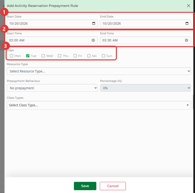 Add Activity Reservation Prepayment Rule dialog with dates, times and days filled in