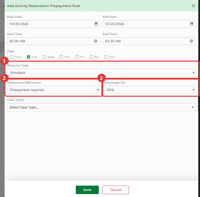 Resource Type Simulator, Prepayment Behaviour Prepayment required and Percentage 100%