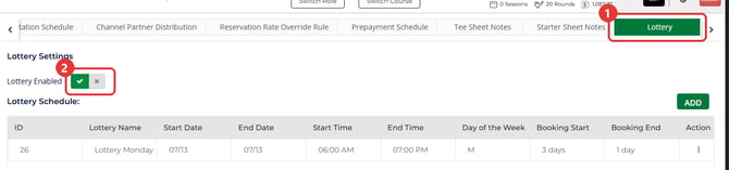 Lottery tab in Tee Sheet Settings with the Lottery tab and the Lottery Enabled switch marked