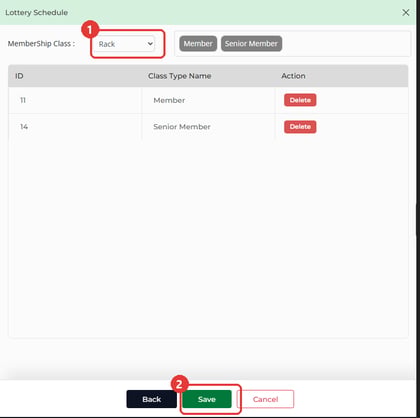 MemberShip Class step of the Lottery Schedule form with the class dropdown and the Save button marked