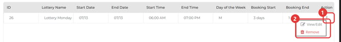 Lottery schedule row menu open, showing View/Edit and Remove