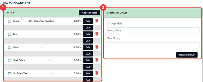 Tax Management list showing tax types, their percentages and the Create Tax Group panel