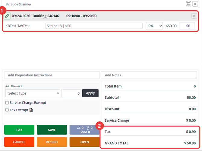 Register ticket for a tee time rate, showing the tax and grand total