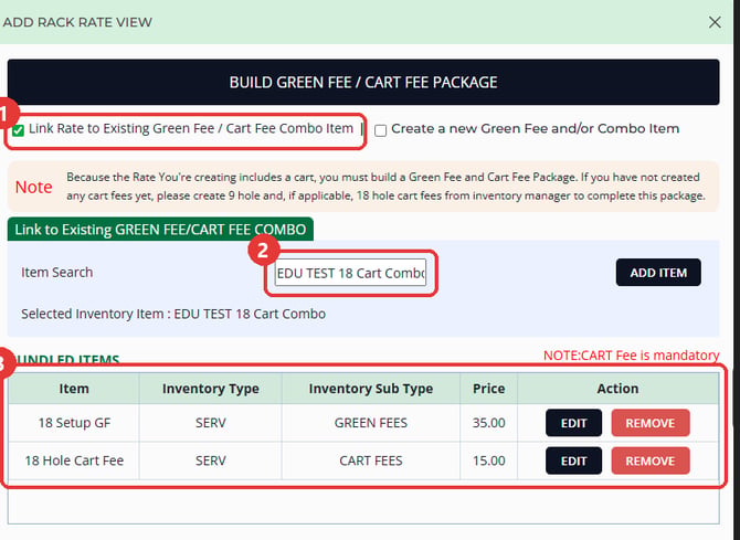 Rate builder step that links the rate to a green fee and cart fee combo, with the bundled items and their prices