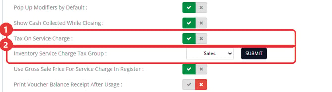 Register Settings with Tax On Service Charge and the Inventory Service Charge Tax Group