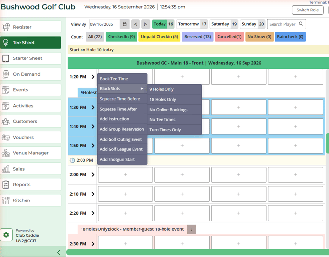 Tee Sheet slot menu with Block Slots open, showing 9 Holes Only, 18 Holes Only, No Online Bookings, No Tee Times and Turn Times Only
