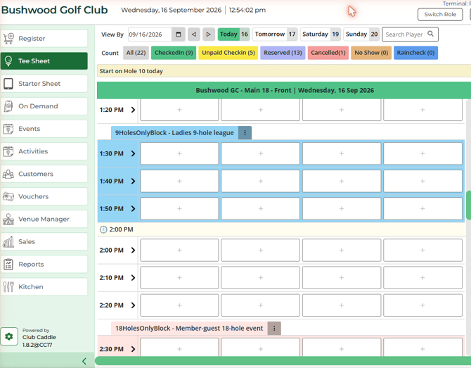Tee sheet showing a 9 Holes Only block and an 18 Holes Only block, each labeled with its reason