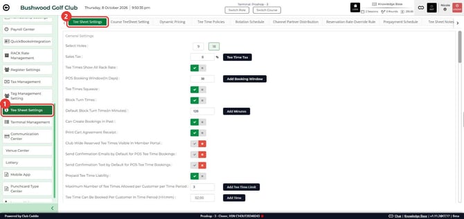 Tee Sheet Settings tab with the Tee Sheet Settings menu item and the first tab marked