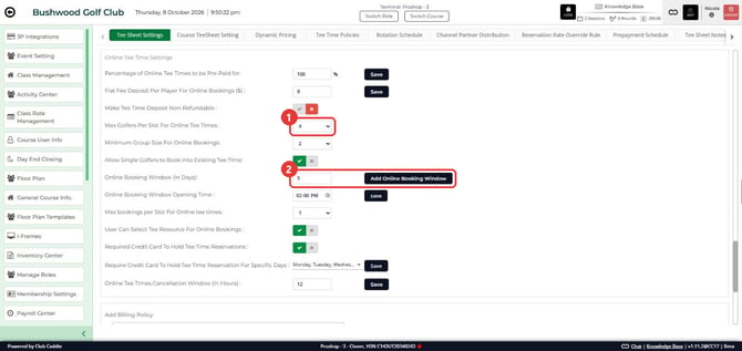 Online Tee Time Settings with a drop-down and a box that has its own button marked