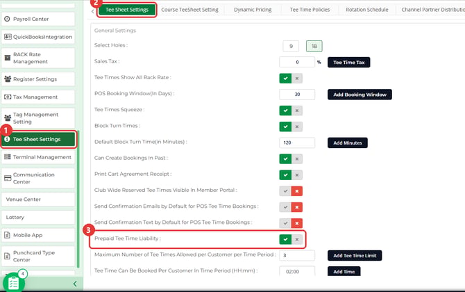 Tee Sheet Settings tab with the Prepaid Tee Time Liability toggle turned on