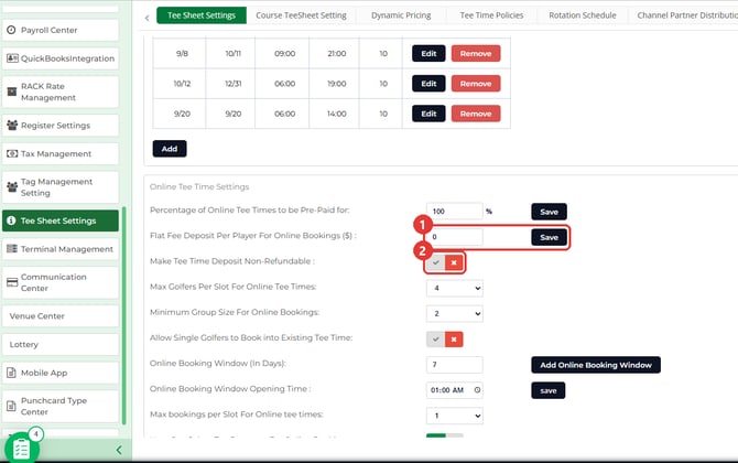Online Tee Time Settings with the flat fee deposit row and the non-refundable toggle marked