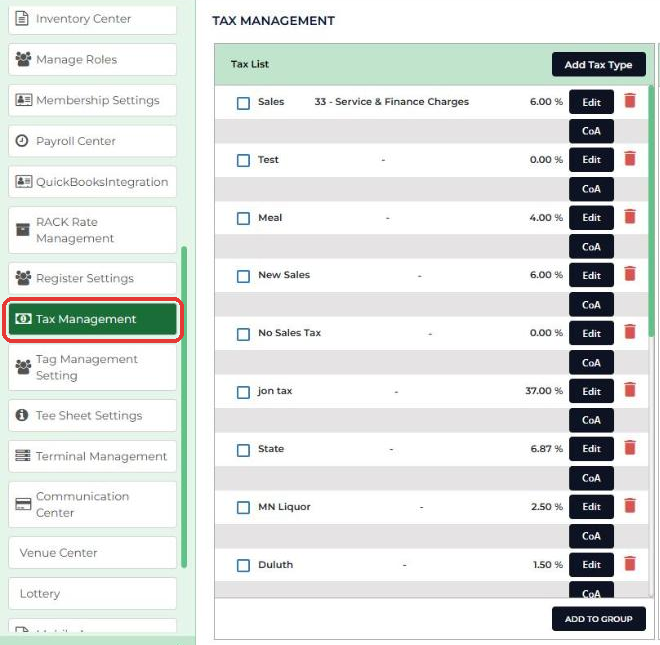 Tax Management in the Settings menu with the Tax List showing percentages and Edit buttons