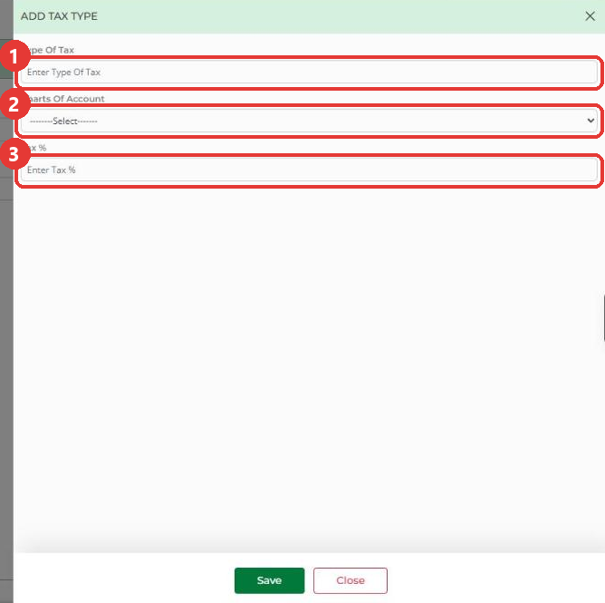 Add tax type panel showing Type Of Tax, Charts Of Account and Tax %
