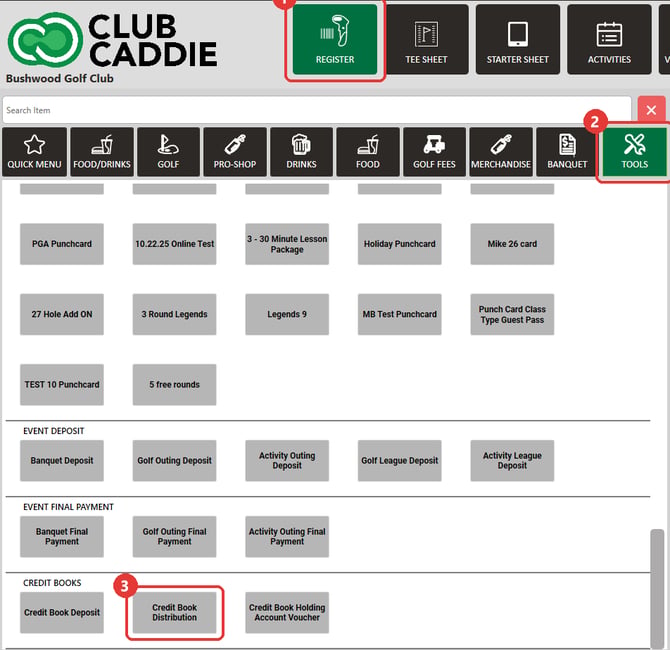 Register Tools with the CREDIT BOOKS section and the Credit Book Distribution button marked