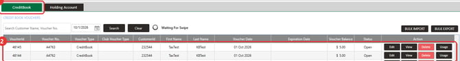 The CreditBook tab showing two new vouchers created by a payout