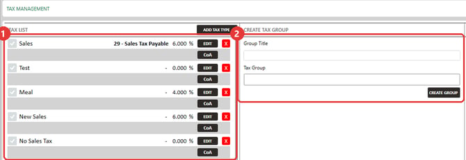 Tax Management list showing tax types, their percentages and the Create Tax Group panel