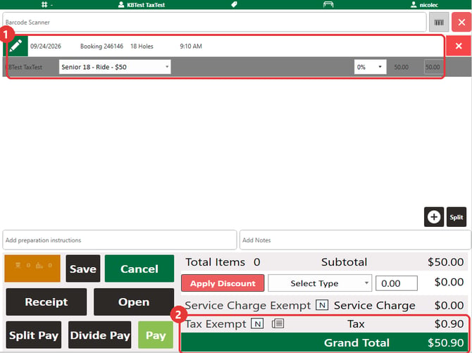 Register ticket for a tee time rate, showing the tax and grand total