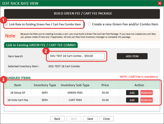 Rate builder step that links the rate to a green fee and cart fee combo, with the bundled items and their prices