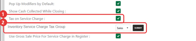 Register Settings with Tax on Service Charge and the Inventory Service Charge Tax Group