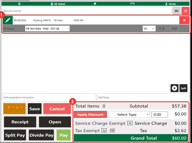 The register ticket: subtotal $57.38, tax $2.62, total $60.00