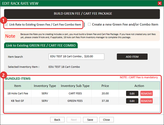 The bundled items for the rate: cart fee $20.00 and green fee $37.38