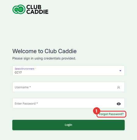 The Club Caddie Browser login screen with the Forgot Password? link circled