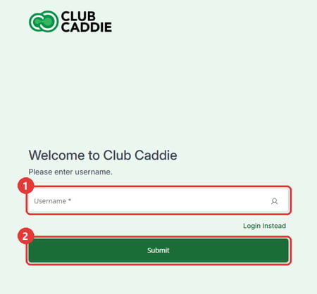 The forgot-password form with the Username field marked 1 and the Submit button marked 2