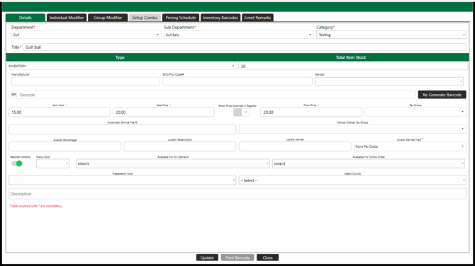 Edit Item Details tab: Awards Percentage, Loyalty Redemption, Loyalty Earned, Loyalty Earned Type