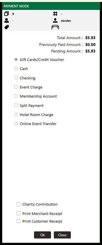PAYMENT MODE with a non-cash payment type selected