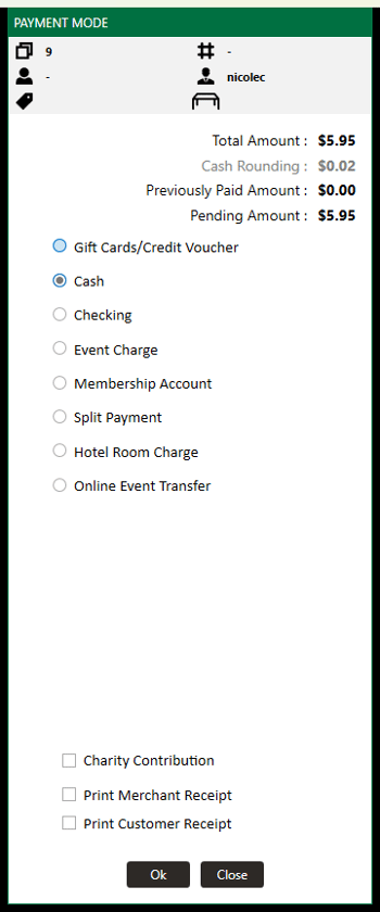 PAYMENT MODE with Cash selected