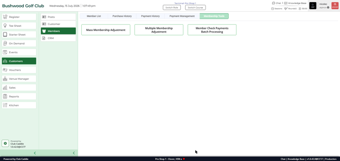 The Membership Tools page showing the Member Check Payments Batch Processing button