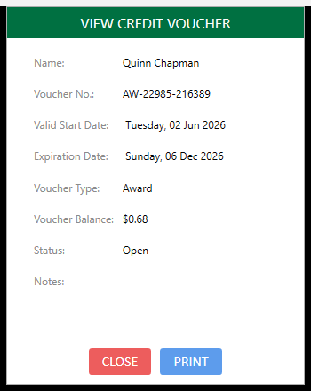 View Credit Voucher dialog for an Award voucher