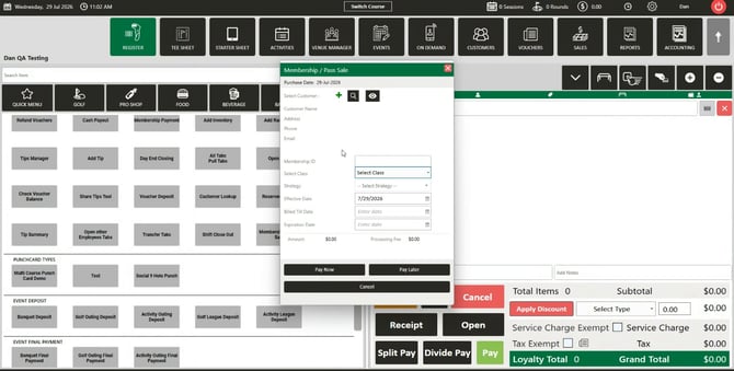 Empty Membership / Pass Sale popup showing the customer and Membership ID fields