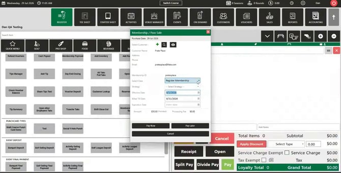 Membership / Pass Sale popup with a class selected and a prorated amount