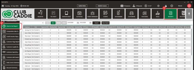 Reports module with Clock In Out Report selected in the sidebar