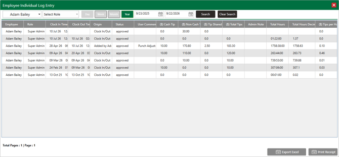 Employee Individual Log Entry window for one employee