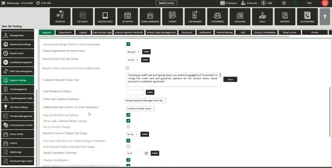 Register Settings, Register tab, showing the Adding New Menu Items To Order Behaviour setting