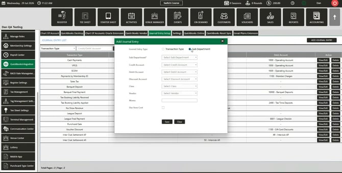 Add Journal Entry popup with Journal Entry Type set to Sub Department and the Discount Account field visible