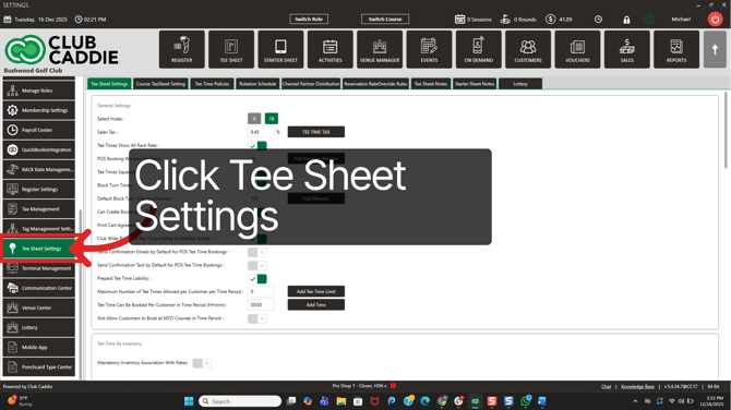 Tee Sheet Settings tab inside Settings
