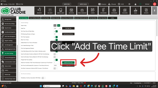 Add Tee Time Limit button after entering the number