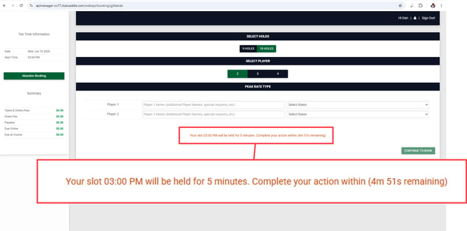 Hold countdown message in the online booking portal