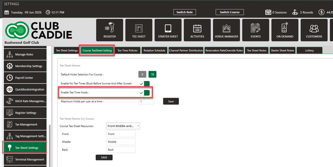 Enable Tee Time Holds checkbox and Maximum Holds per user field on the Course TeeSheet Setting tab