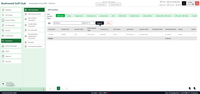 Vouchers module — Gift Vouchers tab with search bar and results table